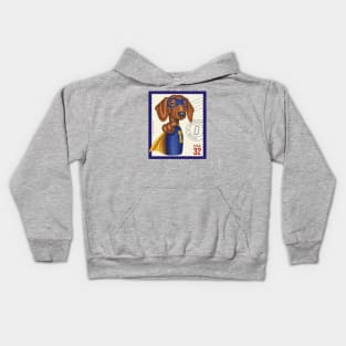 Superhero Doxie in cute blue suit with yellow accessories Kids Hoodie